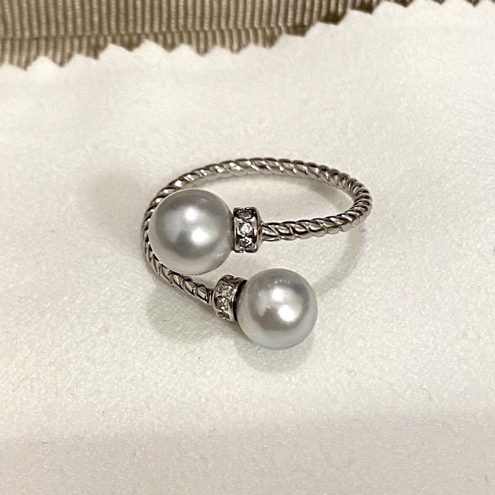 Akoya Pearl Blue Gray Cable Ring S925 Silver Rhinestone